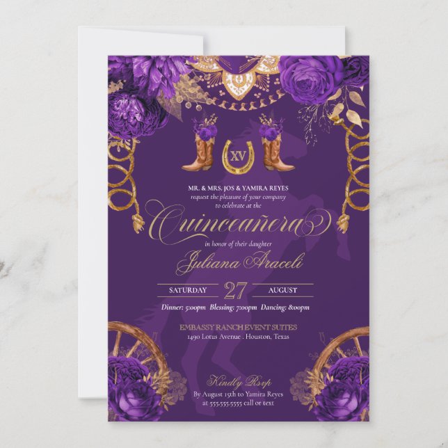 Royal Purple Gold Roses Elegant Charro Quinceanera Invitation (Front)
