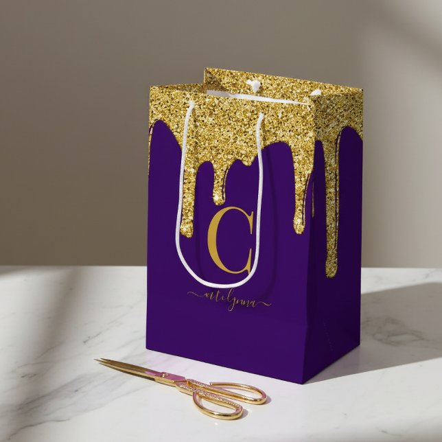 Royal Purple Gold Sparkle Glitter Drips Monogram Medium Gift Bag (Royal Purple Gold Sparkle Glitter Drips Monogram Medium Gift Bag)