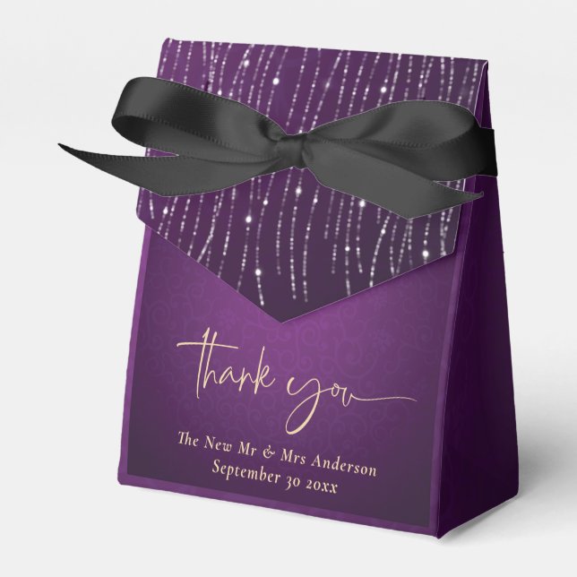 Royal Purple Gold String Lights Wedding Thank You Favour Box (Front Side)
