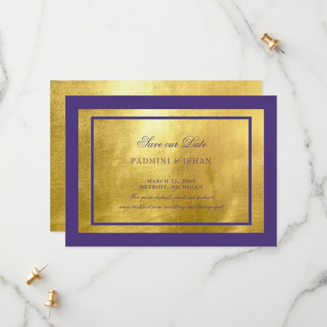 Royal Purple & Gold Wedding Save The Date (Front/Back In Situ)