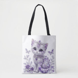 Royal Purple Jewelled Kitten Fantasy Tote Bag