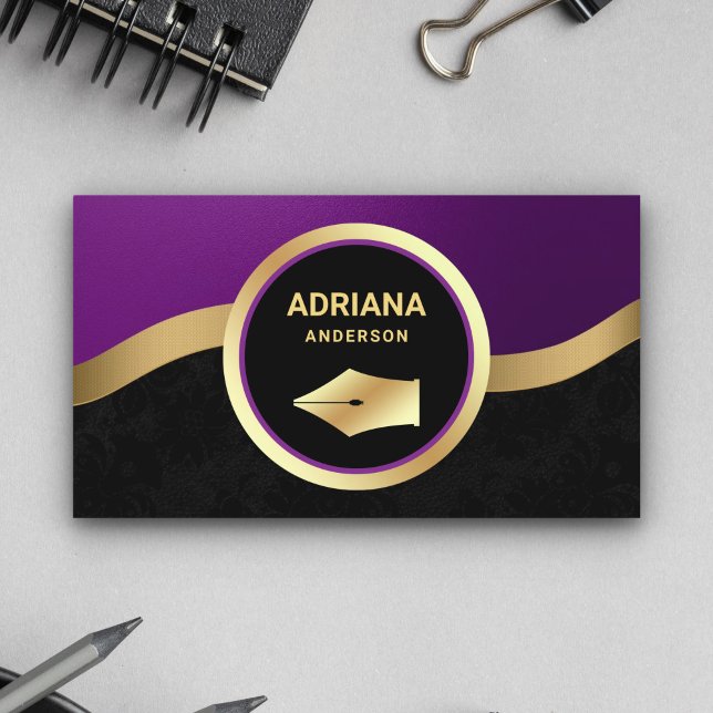 Royal Purple Lawyer Attorney Gold Pen Nib Notary Business Card (Creator Uploaded)