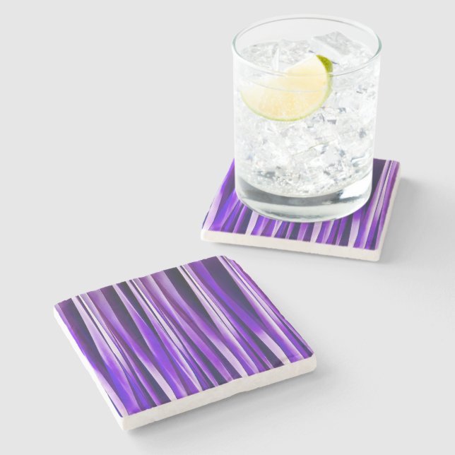 Royal Purple, Lilac and Silver Stripy Pattern Stone Coaster (Side)