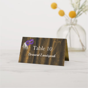 Royal Purple Masquerade Bronze Gold Damask Escort Place Card