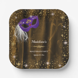 Royal Purple Masquerade Bronze Gold Damask Stars Paper Plate