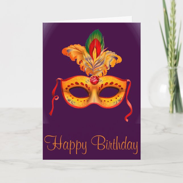 Royal purple masquerade mask mardi gras card (Front)