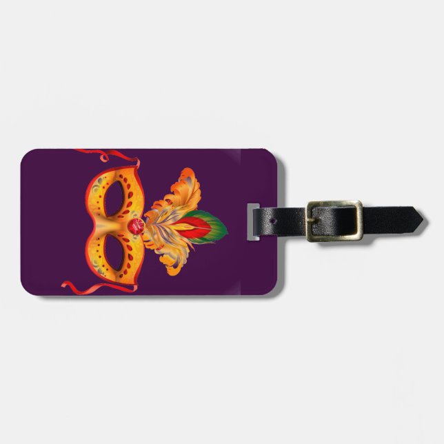 Royal purple masquerade mask mardi gras luggage tag (Front Horizontal)
