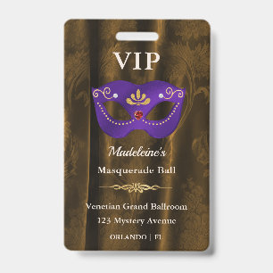 Royal Purple Masquerade VIP Pass Bronze Damask ID Badge