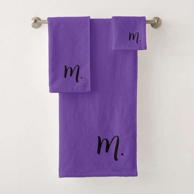 Royal Purple Minimalist Elegant Initial Signature  Bath Towel Set (Insitu)