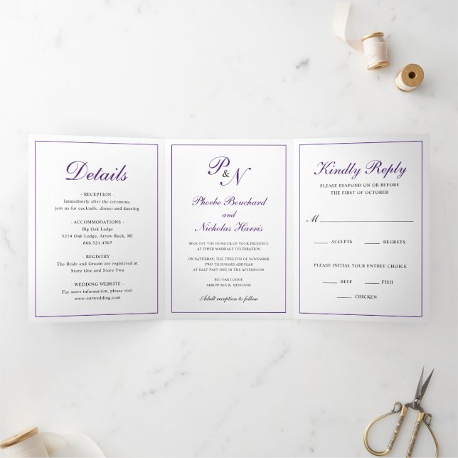 Royal Purple Monogram Formal Photo Wedding Tri-Fold Invitation (Inside)