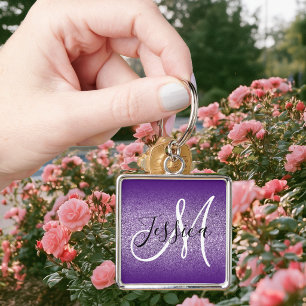 Royal Purple Ombre Edge Amethyst Glitter Monogram Key Ring