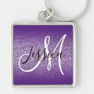 Royal Purple Ombre Edge Amethyst Glitter Monogram Key Ring