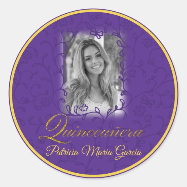 Royal purple photo quinceañera floral vines classic round sticker (Front)