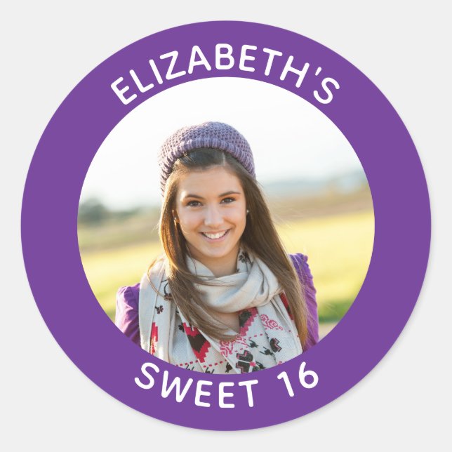 Royal Purple Photo Sweet 16 Birthday Favour Classic Round Sticker (Front)