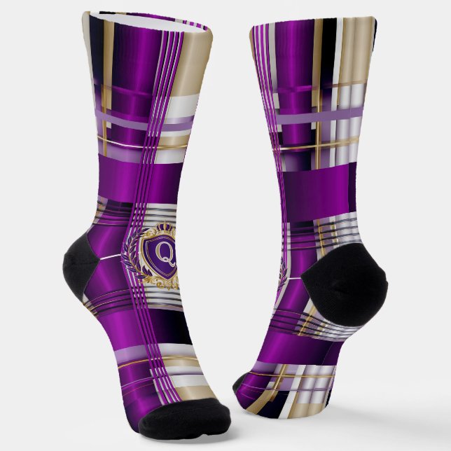 Royal Purple Plaid Monogram Crew Socks (Angled)
