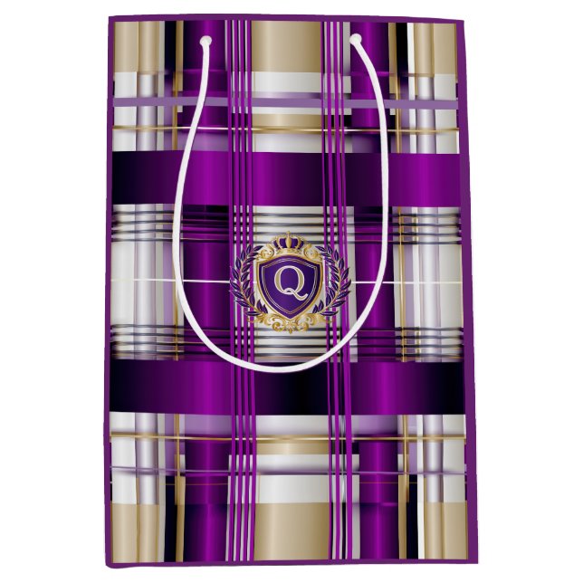 Royal Purple Plaid Monogram  Medium Gift Bag (Front)