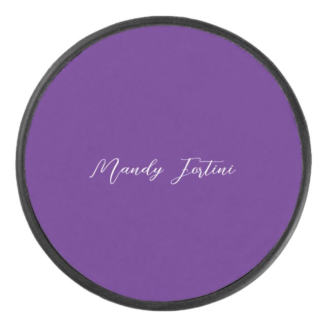 Royal Purple Plain Elegant Minimalist Calligraphy Hockey Puck (Front)