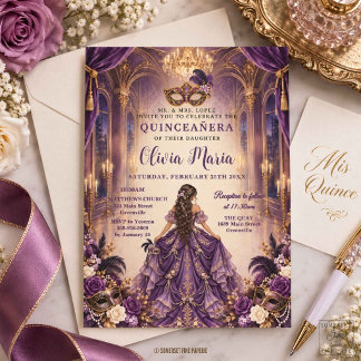 Royal Purple Plum Floral Masquerade Quinceañera 16 Invitation