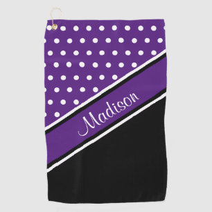 Royal Purple Polka Dot Black Diagonal Script Name Golf Towel