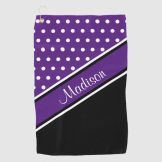 Royal Purple Polka Dot Black Diagonal Script Name Golf Towel