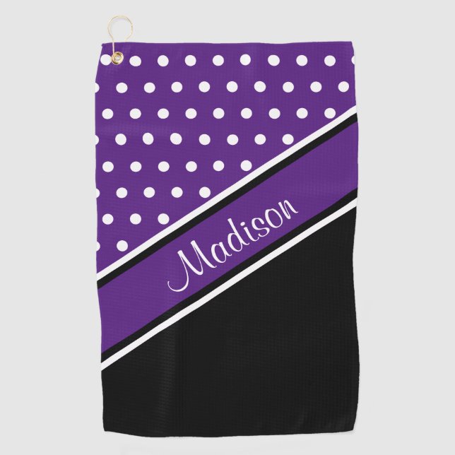 Royal Purple Polka Dot Black Diagonal Script Name Golf Towel (Front)