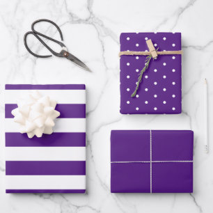 Royal Purple Polka Dot Wide Striped and Solid Wrapping Paper Sheet