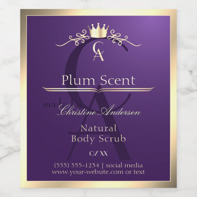 Royal Purple Product Label Gold Frame and Monogram (Single Label)