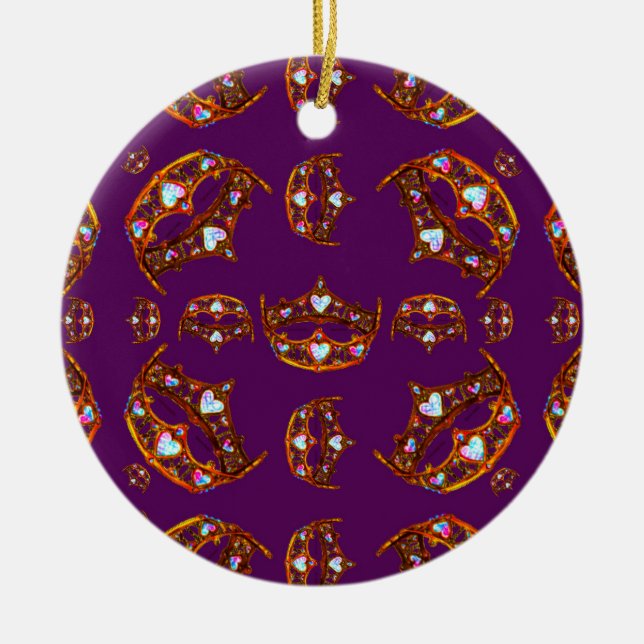 Royal Purple Queen of Hearts gold crown tiara Ceramic Tree Decoration (Front)