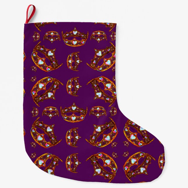 Royal Purple Queen of Hearts Gold crown tiara Large Christmas Stocking (Front)