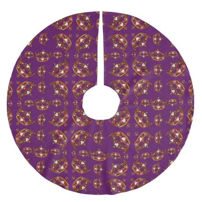 Royal Purple Queen of Hearts Gold crown tiara tree Brushed Polyester Tree Skirt (Front)