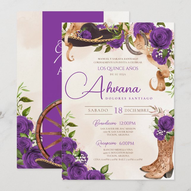 Royal Purple Quinceanera Rose Charro Western Invitation (Front/Back)