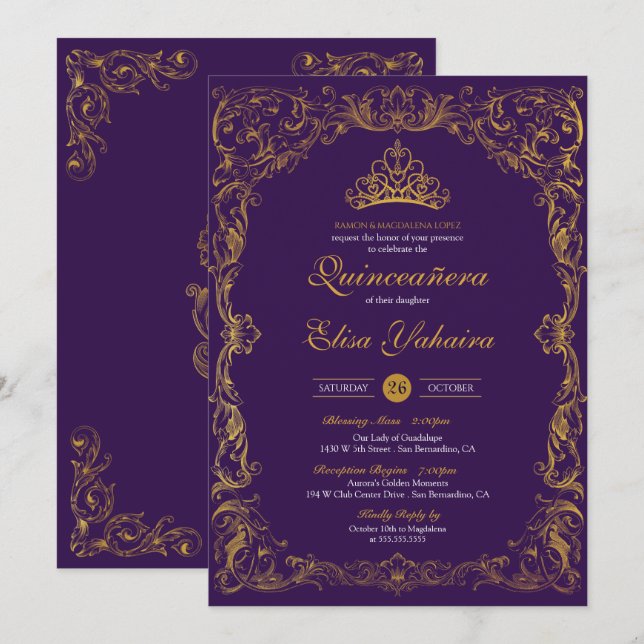 Royal Purple Regal Gold Tiara Princess Quinceanera Invitation (Front/Back)