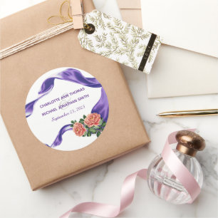 Royal Purple Ribbon & Floral Wedding Classic Round Sticker