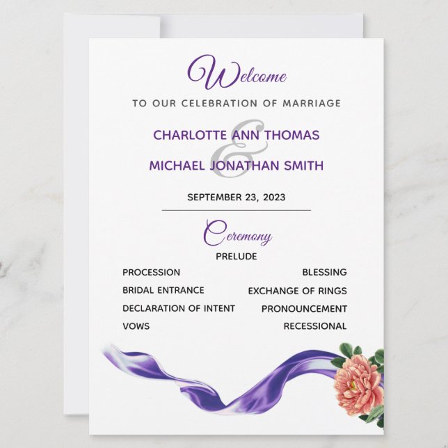 Royal Purple Ribbon Wedding Program Invitation (Front)