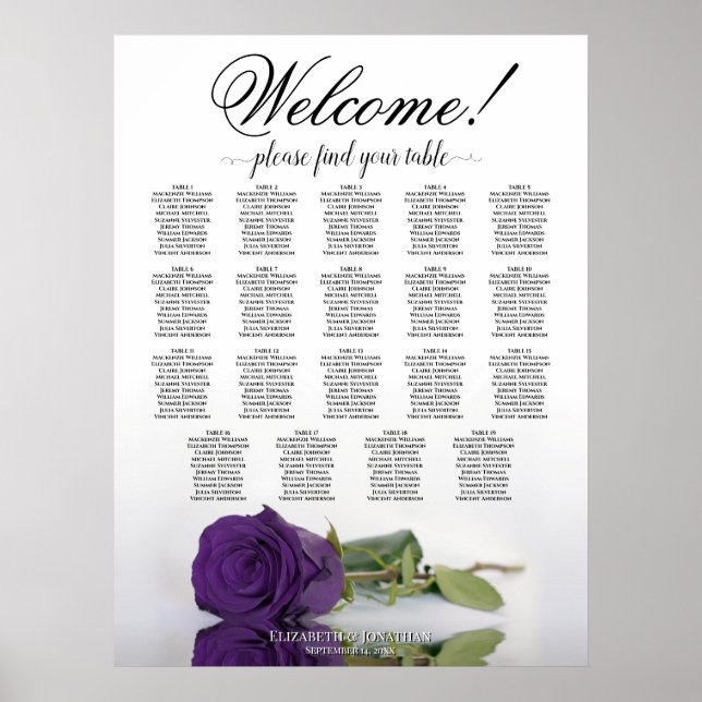 Royal Purple Rose 19 Table Wedding Seating Chart (Front)