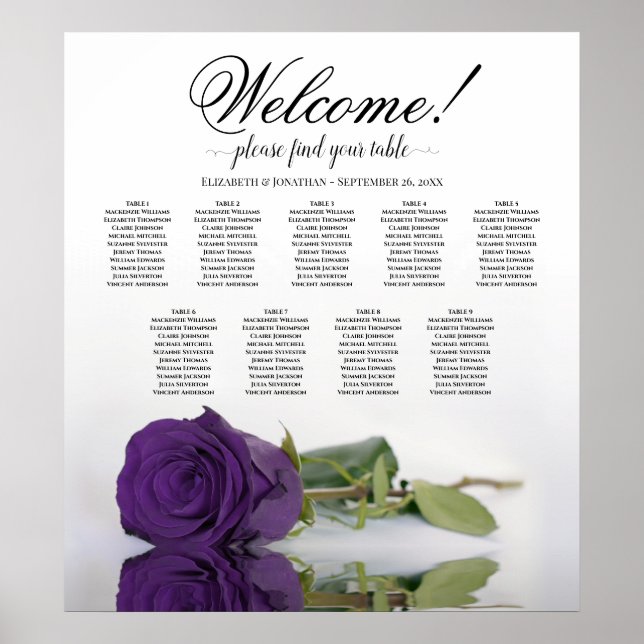 Royal Purple Rose 9 Table Wedding Seating Chart (Front)