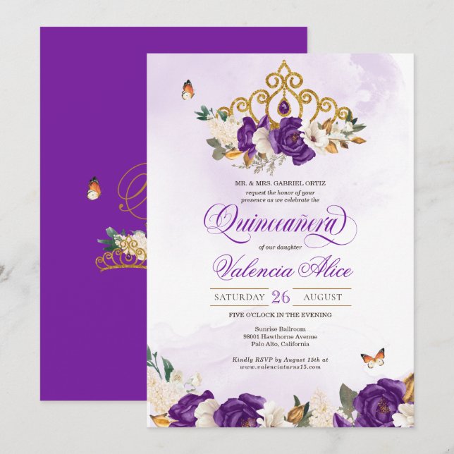 Royal Purple Rose Butterfly Gold Tiara Quince Invitation (Front/Back)