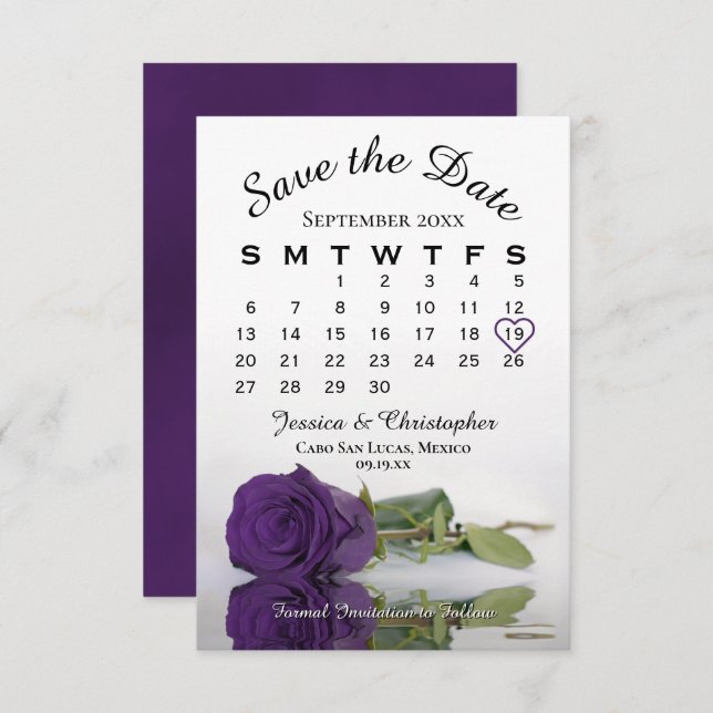 Royal Purple Rose Elegant Wedding Calendar Save The Date (Front/Back)