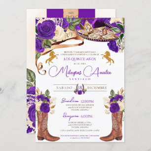 Royal Purple Rose Fancy Western Charro Invitation