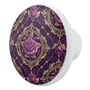 Royal Purple Rose Gold Vintage Scroll Accent Ceramic Knob