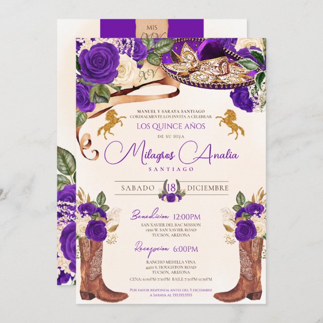 Royal Purple Rose Mariachi Elegant Western Charro Invitation (Front/Back)