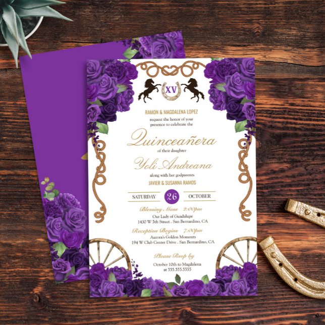 Royal Purple Rose Western Charro Quinceañera Invitation (Creator Uploaded)
