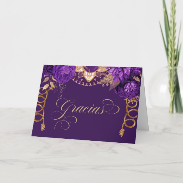 Royal Purple Roses Elegant Charro Western Spanish Thank You Card (Front)