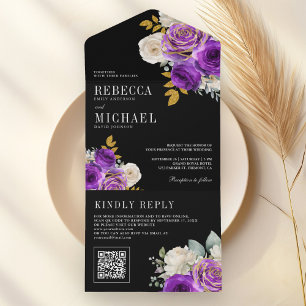 Royal Purple Roses Floral QR Code Black Wedding All In One Invitation