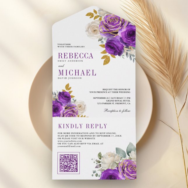 Royal Purple Roses Floral QR Code Wedding All In One Invitation (Creator Uploaded)