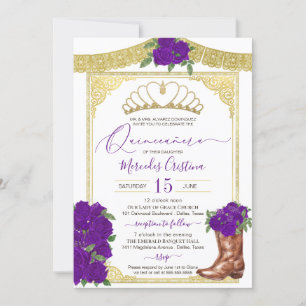 Royal Purple Roses Gold Floral Charro Quinceanera Invitation