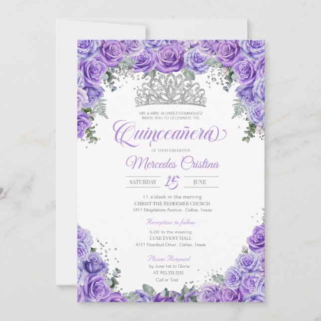 Royal Purple Roses & Silver Tiara Quinceanera Invitation (Front)