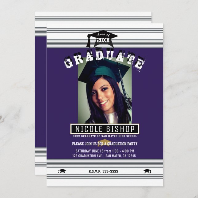 Royal Purple Silver Elegant Photo Graduation Party Invitation (Front/Back)