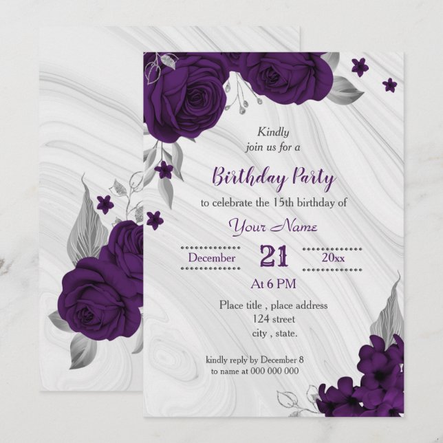 royal purple silver floral birthday party invitation (Front/Back)