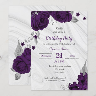 royal purple silver floral birthday party invitation